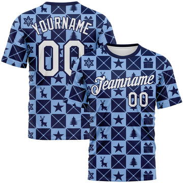 Custom Navy White-Light Blue 3D Pattern Christmas Buffalo Check Performance T-Shirt