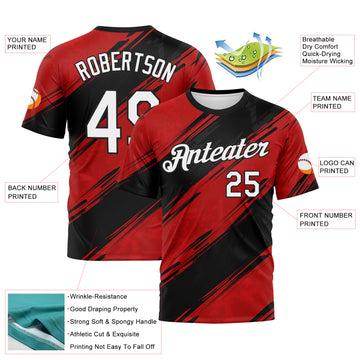 Custom Red White-Black 3D Pattern Brush Stroke Graffiti Diagonal Split Performance T-Shirt