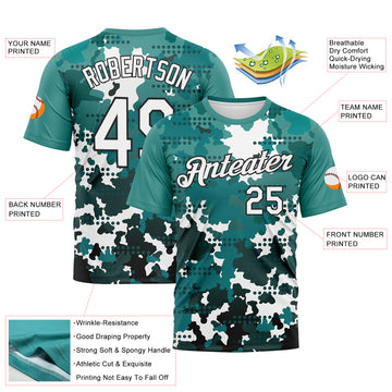 Custom White Teal-Black 3D Pattern Camouflage Performance T-Shirt