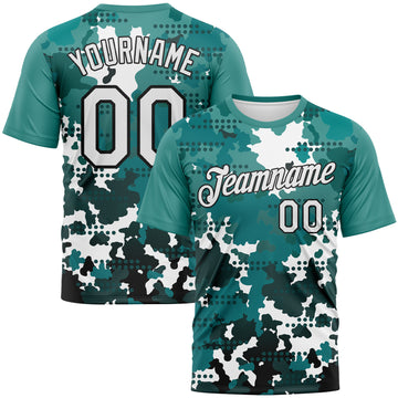 Custom White Teal-Black 3D Pattern Camouflage Performance T-Shirt