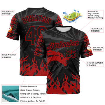 Custom Black-Red 3D Pattern Dragon Fire Flame Performance T-Shirt