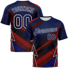 Load image into Gallery viewer, Custom Navy Red-White 3D Pattern Diagonal Stripe Lightning Bolt Performance T-Shirt
