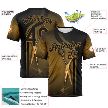 Custom Black-Old Gold 3D Pattern Scissors Barber Shop Performance T-Shirt