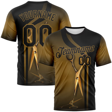 Custom Black-Old Gold 3D Pattern Scissors Barber Shop Performance T-Shirt
