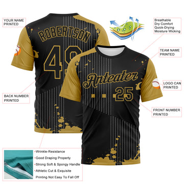Custom Black-Old Gold 3D Pattern Splatter Dot Matrix Performance T-Shirt