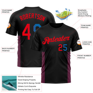 Custom Black Blue-Fire Red 3D Pattern Lineal Performance T-Shirt