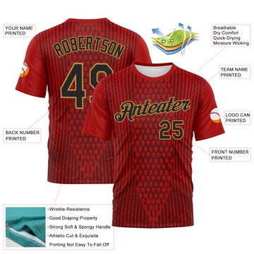 Custom Red Black-Old Gold 3D Pattern Pixel Vertical Stripe Hexagon Performance T-Shirt