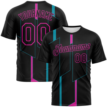 Custom Black Teal-Deep Pink 3D Pattern Geometric Performance T-Shirt