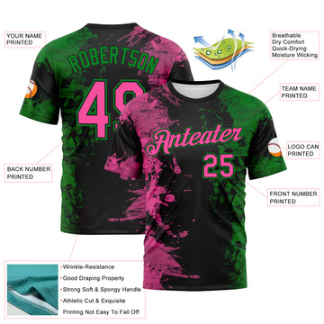 Custom Pink Black-Grass Green 3D Pattern Ink Splash Duotono Style Performance T-Shirt