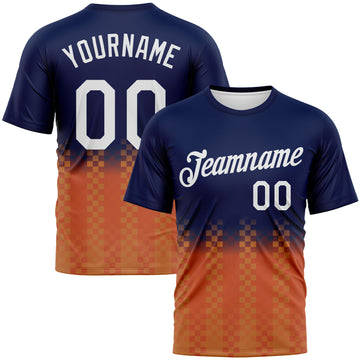 Custom Navy White-Orange Gradient Racing Checkerboard Sportswear Performance T-Shirt
