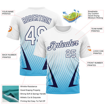 Custom White Sky Blue-Navy Gradient Dot Halftone Sportswear Performance T-Shirt