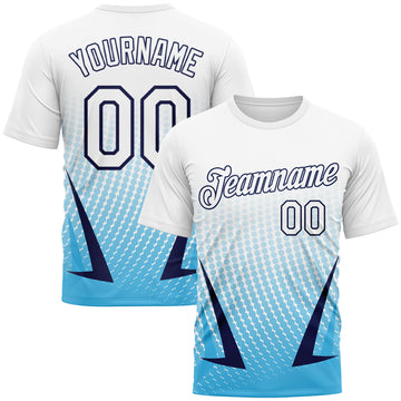 Custom White Sky Blue-Navy Gradient Dot Halftone Sportswear Performance T-Shirt