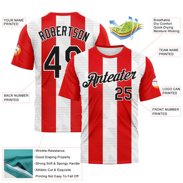 Custom White Black-Fire Red Stripe Sportswear Performance T-Shirt