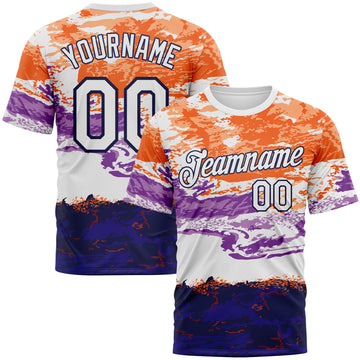 Custom Orange White Purple-Navy Distressed Abstract Paint Stroke Performance T-Shirt