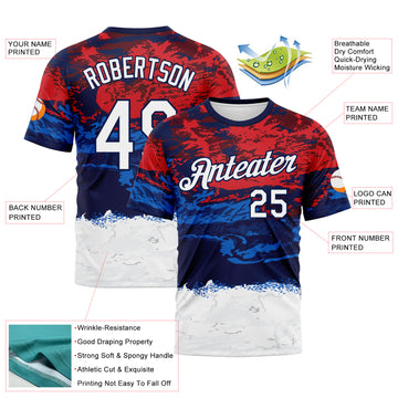 Custom Red White Blue-Navy Distressed Abstract Paint Stroke Performance T-Shirt