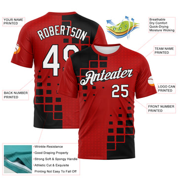 Custom Red White-Black Geometric Square Cyber Tech Gaming Sportswear Performance T-Shirt