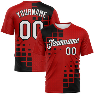 Custom Red White-Black Geometric Square Cyber Tech Gaming Sportswear Performance T-Shirt