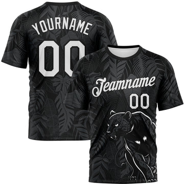 Custom Black White-Gray Animal Panther Mascot Tropical Leaves Performance T-Shirt