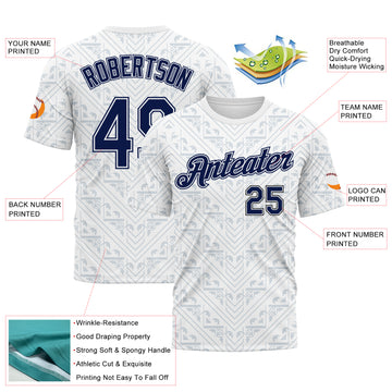 Custom White Navy-Gray Geometric Floral Subtle Sportswear Performance T-Shirt