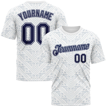 Custom White Navy-Gray Geometric Floral Subtle Sportswear Performance T-Shirt
