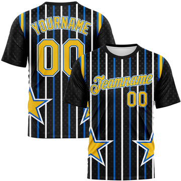 Custom Black Yellow Blue-White Stripe And Star Sportswear Performance T-Shirt