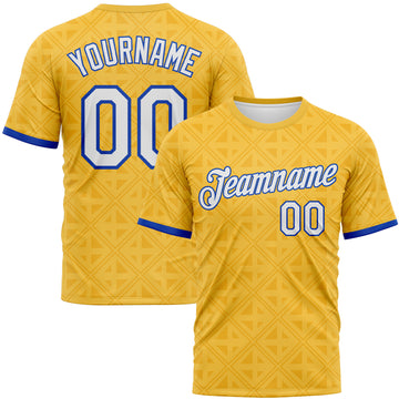 Custom Gold White-Thunder Blue Geometric Sportswear Performance T-Shirt