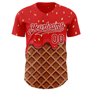 Custom Red Brown-White Foodie Food Dessert Melting Cream Waffle Grid Authentic Baseball Jersey
