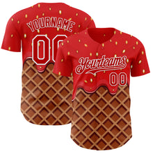 Загрузить изображение в средство просмотра галереи, Custom Red Brown-White Foodie Food Dessert Melting Cream Waffle Grid Authentic Baseball Jersey
