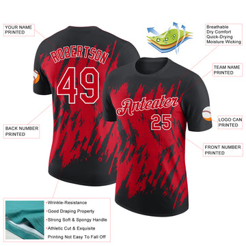 Custom Black Red-White Torn Sharp Brush Stroke Splatter Performance T-Shirt