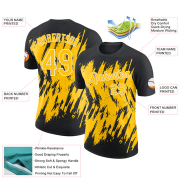 Custom Black Yellow-White Torn Sharp Brush Stroke Splatter Performance T-Shirt