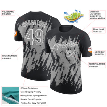 Custom Black Gray-White Torn Sharp Brush Stroke Splatter Performance T-Shirt