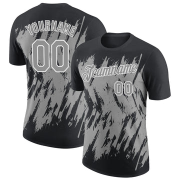 Custom Black Gray-White Torn Sharp Brush Stroke Splatter Performance T-Shirt