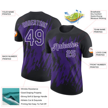Custom Black Purple-White Torn Sharp Brush Stroke Splatter Performance T-Shirt