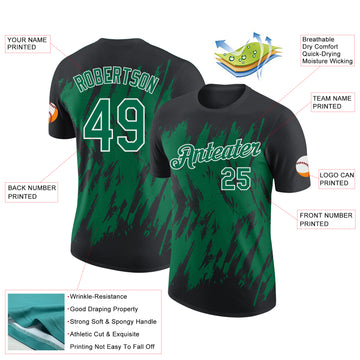 Custom Black Kelly Green-White Torn Sharp Brush Stroke Splatter Performance T-Shirt