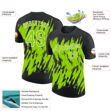 Custom Black Neon Green-White Torn Sharp Brush Stroke Splatter Performance T-Shirt