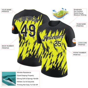 Custom Black Neon Yellow-White Torn Sharp Brush Stroke Splatter Performance T-Shirt