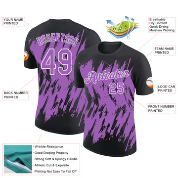Custom Black Medium Purple-White Torn Sharp Brush Stroke Splatter Performance T-Shirt
