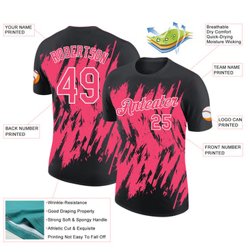 Custom Black Neon Pink-White Torn Sharp Brush Stroke Splatter Performance T-Shirt