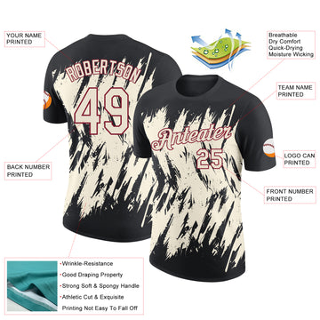 Custom Black Cream-Crimson Torn Sharp Brush Stroke Splatter Performance T-Shirt