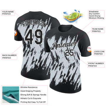 Custom Black Silver-White Torn Sharp Brush Stroke Splatter Performance T-Shirt