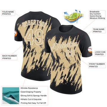 Custom Black Vegas Gold-White Torn Sharp Brush Stroke Splatter Performance T-Shirt