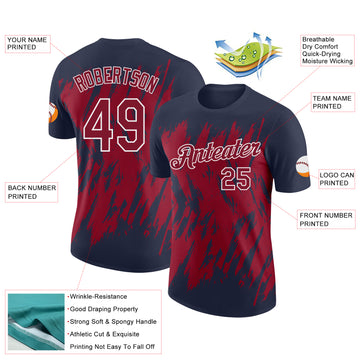 Custom Navy Crimson-White Torn Sharp Brush Stroke Splatter Performance T-Shirt