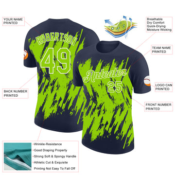Custom Navy Neon Green-White Torn Sharp Brush Stroke Splatter Performance T-Shirt