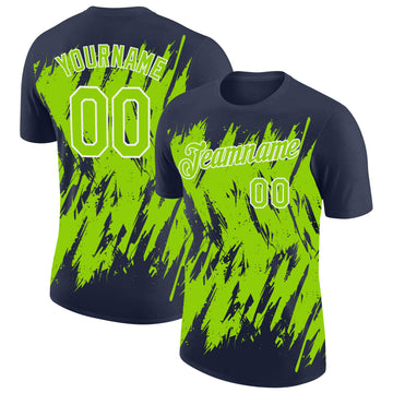 Custom Navy Neon Green-White Torn Sharp Brush Stroke Splatter Performance T-Shirt