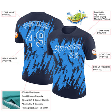 Custom Navy Powder Blue-White Torn Sharp Brush Stroke Splatter Performance T-Shirt