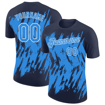Custom Navy Powder Blue-White Torn Sharp Brush Stroke Splatter Performance T-Shirt