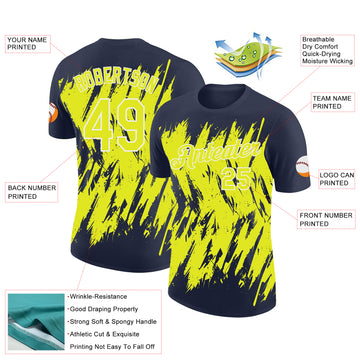 Custom Navy Neon Yellow-White Torn Sharp Brush Stroke Splatter Performance T-Shirt