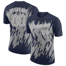 Laden Sie das Bild in den Galerie-Viewer, Custom Navy Gray-White Torn Sharp Brush Stroke Splatter Performance T-Shirt
