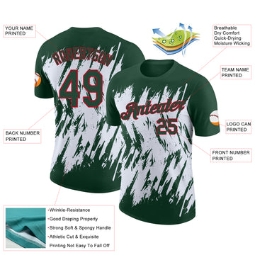 Custom Green White-Red Torn Sharp Brush Stroke Splatter Performance T-Shirt