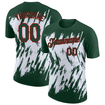 Custom Green White-Red Torn Sharp Brush Stroke Splatter Performance T-Shirt